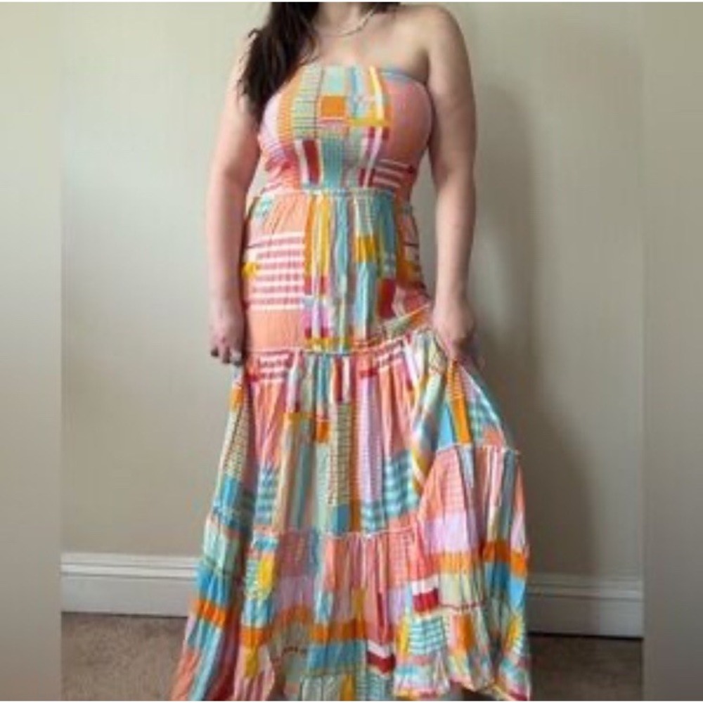 Abel The Label Smocked Maxi Dress Women's Small Multicolor Patchwork Party‎